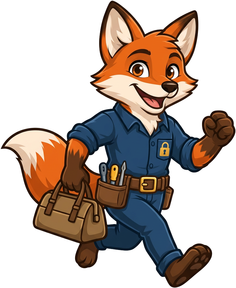 Just Locksmith fox running with a tool bag on the way to a customer