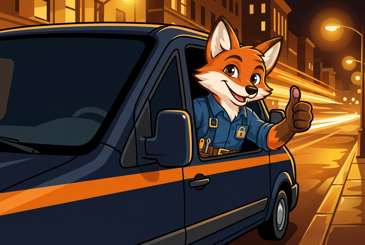 Just Locksmith fox giving a thumbs up from the window of the company work van